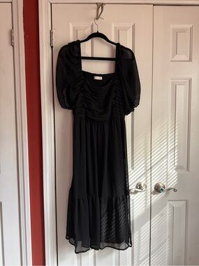 LC Lauren Conrad Black Midi Dress with Sheer Puff Sleeves